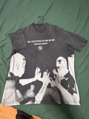 Black Graphic Men's Tee with Reflective Question Print fits like large